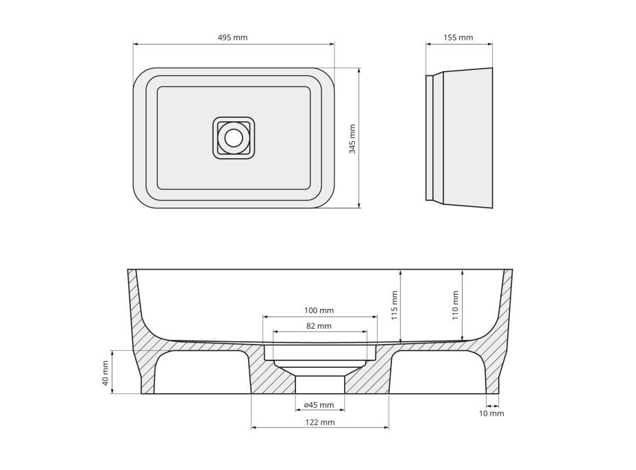 Polysan BANERA SQUARE umývadlo na dosku, liaty mramor, 50x36cm, biela mat 14596MAT