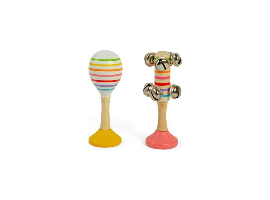 Bigjigs Toys Sada Rumba guľa žltá a rolničky ružové