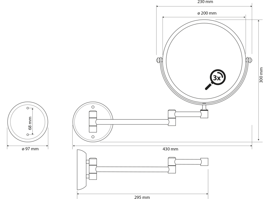 Sapho X-ROUND E kozmetické zrkadlo závesné, Ø 200mm, obojstranné, chróm XR010