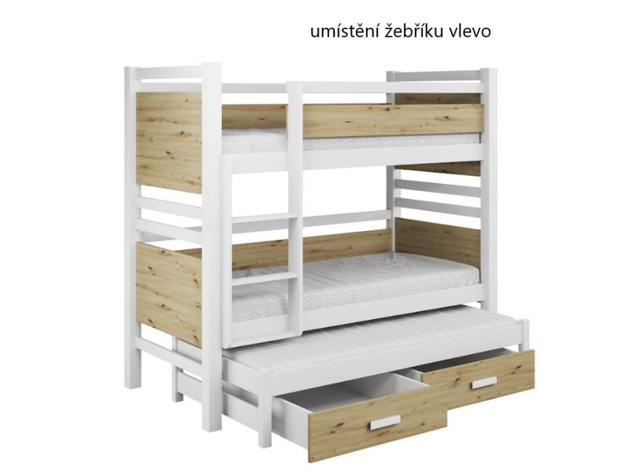 Detská poschodová posteľ z masívu borovice JANIS III s prístelkou a šuplíky - 180x80 cm - prírodná borovica/biela
