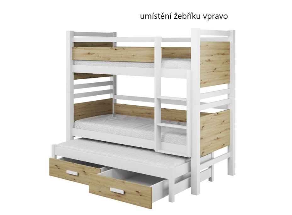 Detská poschodová posteľ z masívu borovice JANIS III s prístelkou a šuplíky - 180x80 cm - prírodná borovica/biela