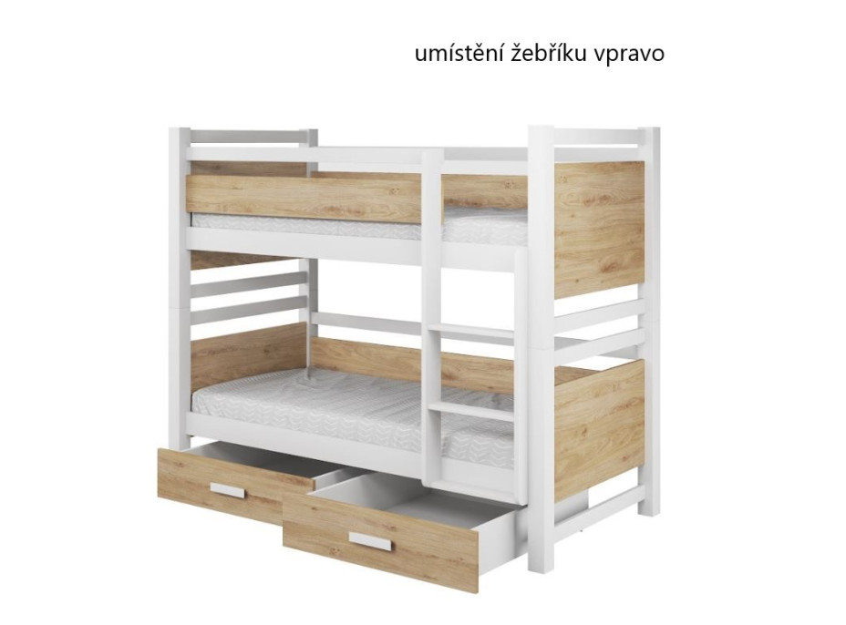Detská poschodová posteľ z masívu borovice JANIS III s prístelkou a šuplíkmi - 200x90 cm - biela/kašmírová