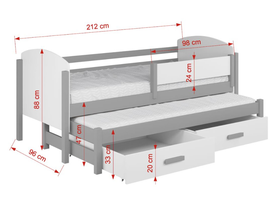 Detská posteľ z masívu borovice OWEN s prístelkou a šuplíky - 200x90 cm - biela