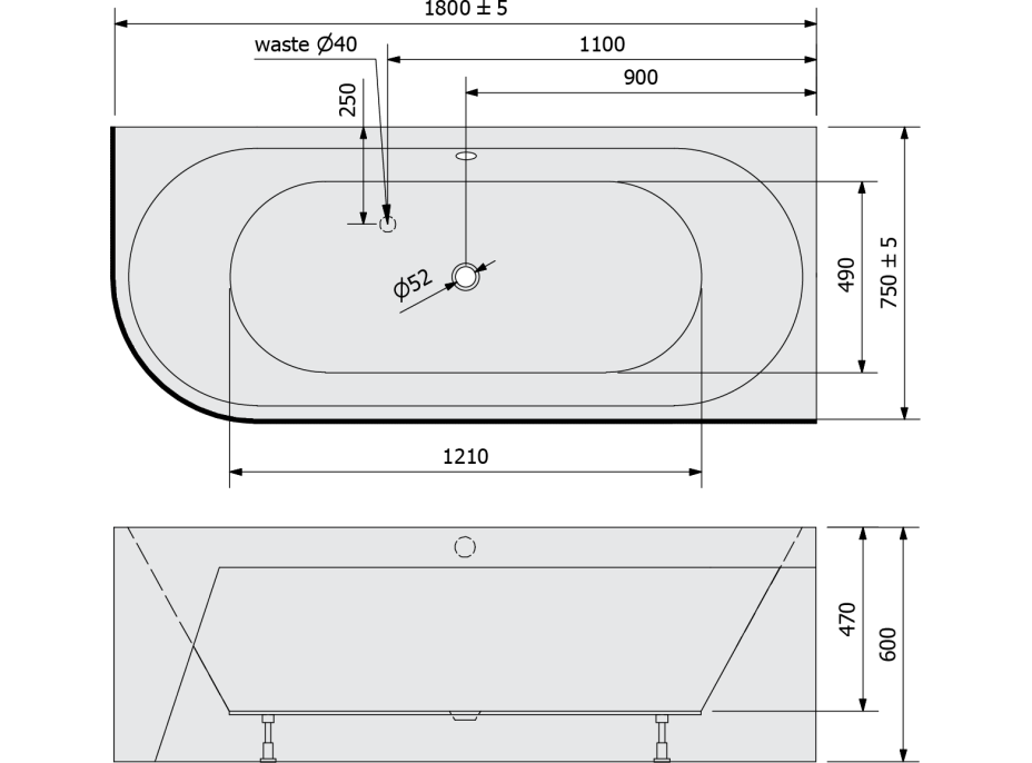 Polysan VIVA R MONOLITH asymetrická vaňa 180x75x60cm, biela/agila 72129M.43