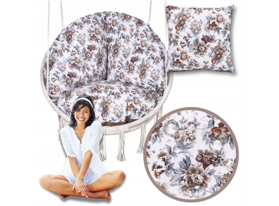 Vodeodolný sedací MAXI vankúš 100x15 cm do závesného kresla - hnedé kvety / hnedý