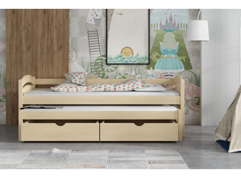 Detská posteľ z masívu borovice MONI s prístelkou a šuplíky - 190x90 cm - PRÍRODNÁ BOROVICA