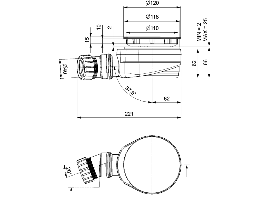 Polysan Vaničkový sifón, priemer 90mm, DN40, nízky, krytka čierna mat 17916B
