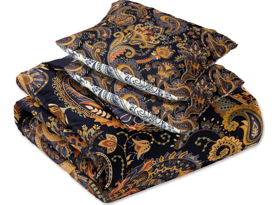 Saténové obliečky NOBILE Ornaments - čierne / modré - 160x200 cm