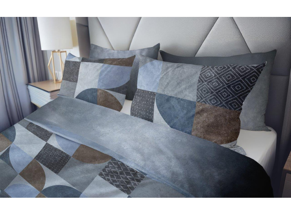 Saténové obliečky NOBILE Geometry- šedé/modré/hnedé - 160x200 cm