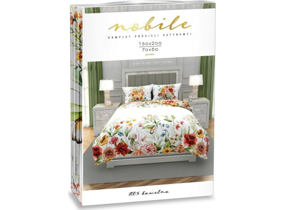 Saténové obliečky NOBILE Lúčne kvety - biele - 220x200 cm