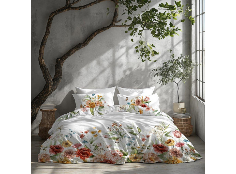 Saténové obliečky NOBILE Lúčne kvety - biele - 220x200 cm