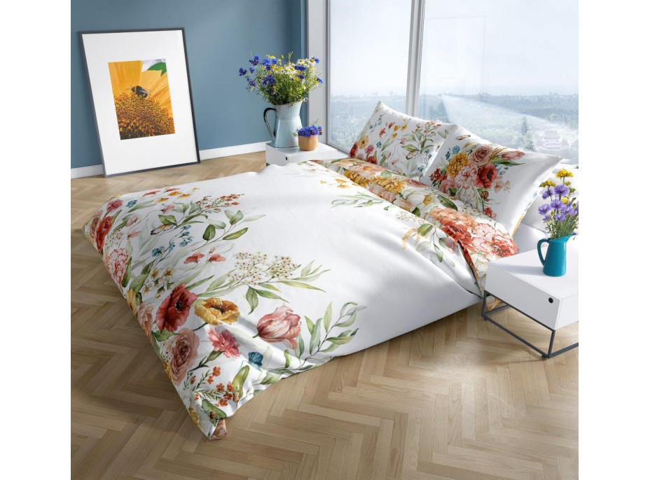 Saténové obliečky NOBILE Lúčne kvety - biele - 220x200 cm