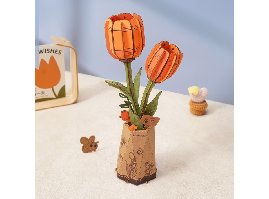 ROBOTIME Rowood 3D drevené puzzle Oranžové tulipány 76 dielikov