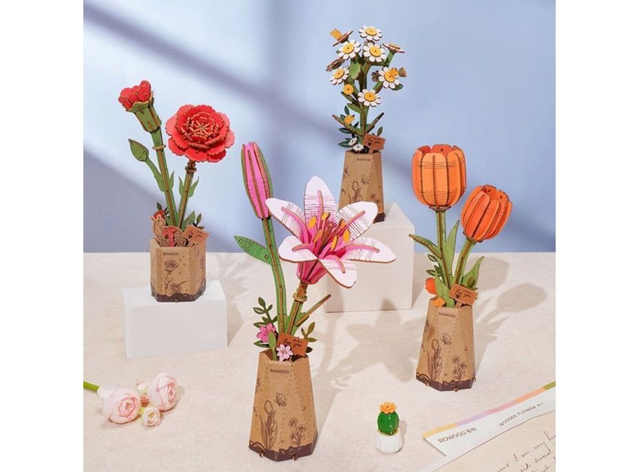 ROBOTIME Rowood 3D drevené puzzle Oranžové tulipány 76 dielikov