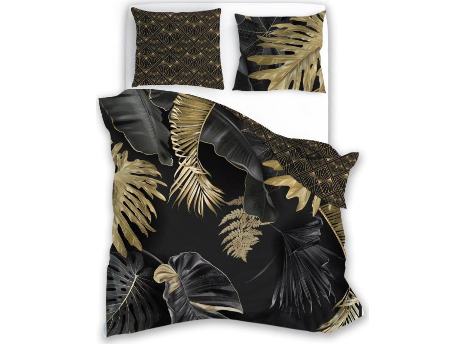 Saténové obliečky NOBILE Palm leaves - čierne / zlaté - 140x200 cm