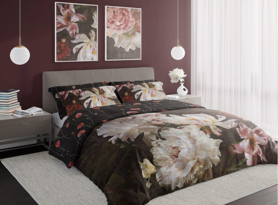 Saténové obliečky NOBILE Peonies - tmavo hnedé - 160x200 cm