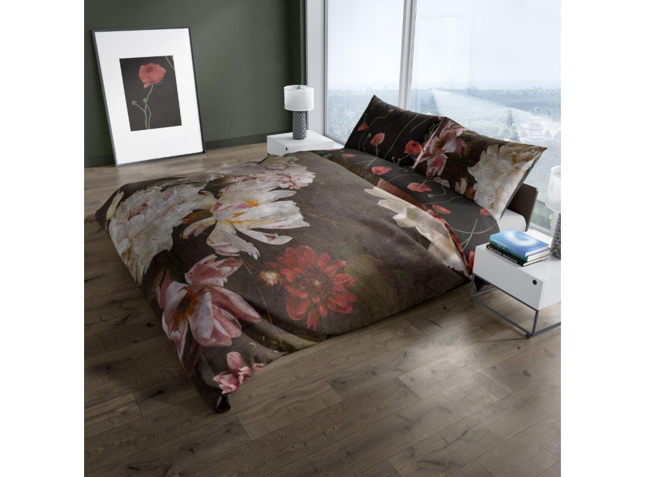 Saténové obliečky NOBILE Peonies - tmavo hnedé - 160x200 cm