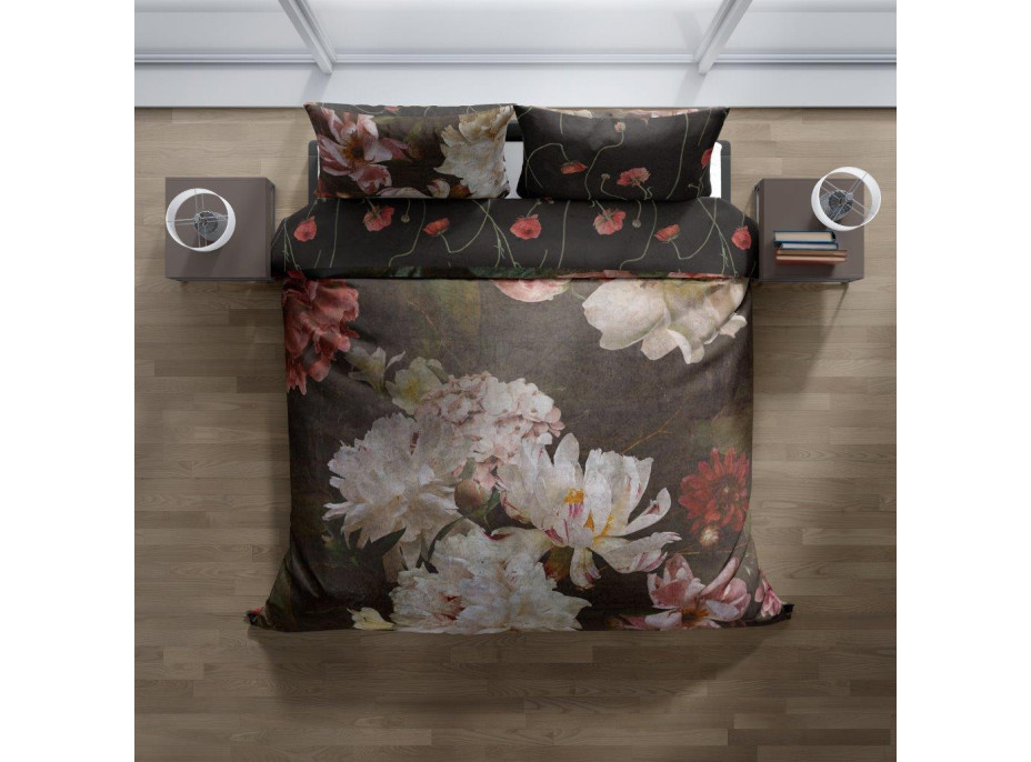 Saténové obliečky NOBILE Peonies - tmavo hnedé - 160x200 cm