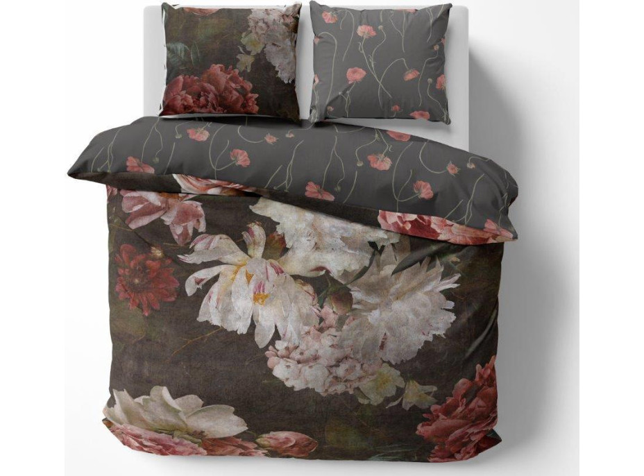 Saténové obliečky NOBILE Peonies - tmavo hnedé - 160x200 cm