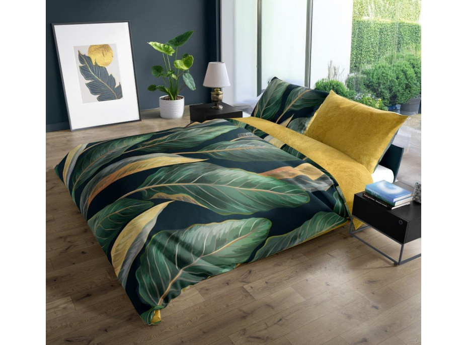 Saténové obliečky NOBILE Leaves - zelené / žlté - 160x200 cm