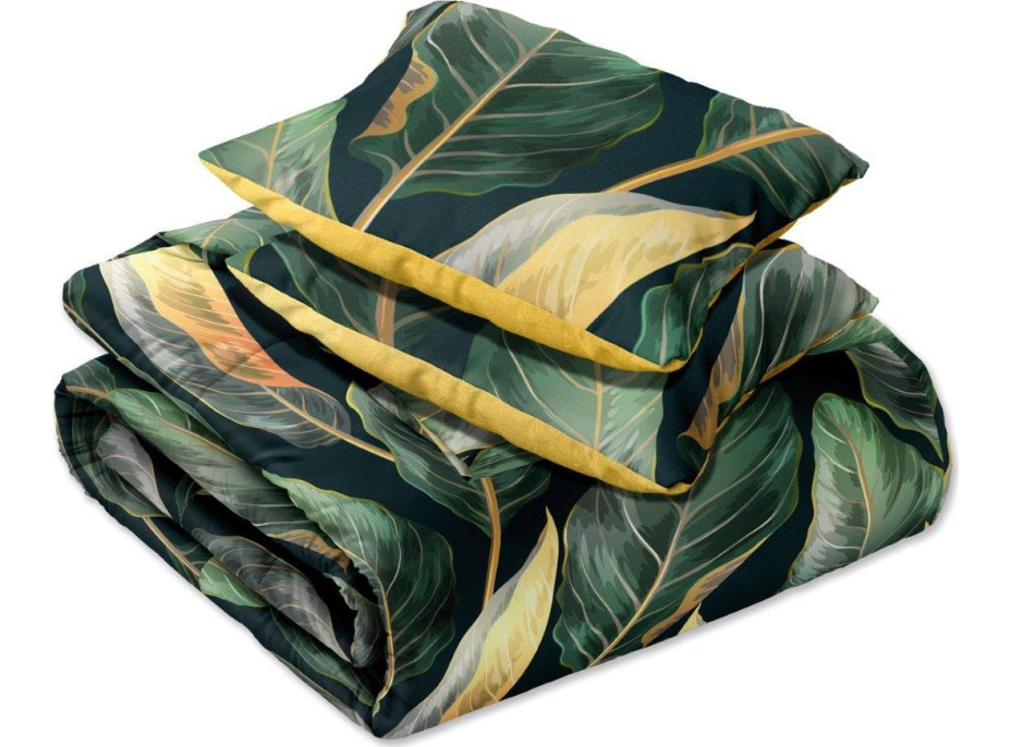 Saténové obliečky NOBILE Leaves - zelené / žlté - 160x200 cm