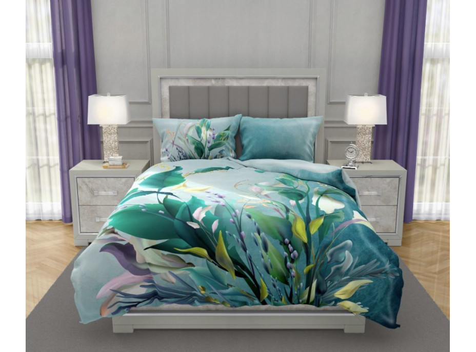 Saténové obliečky NOBILE Flowers - tyrkysové - 140x200 cm