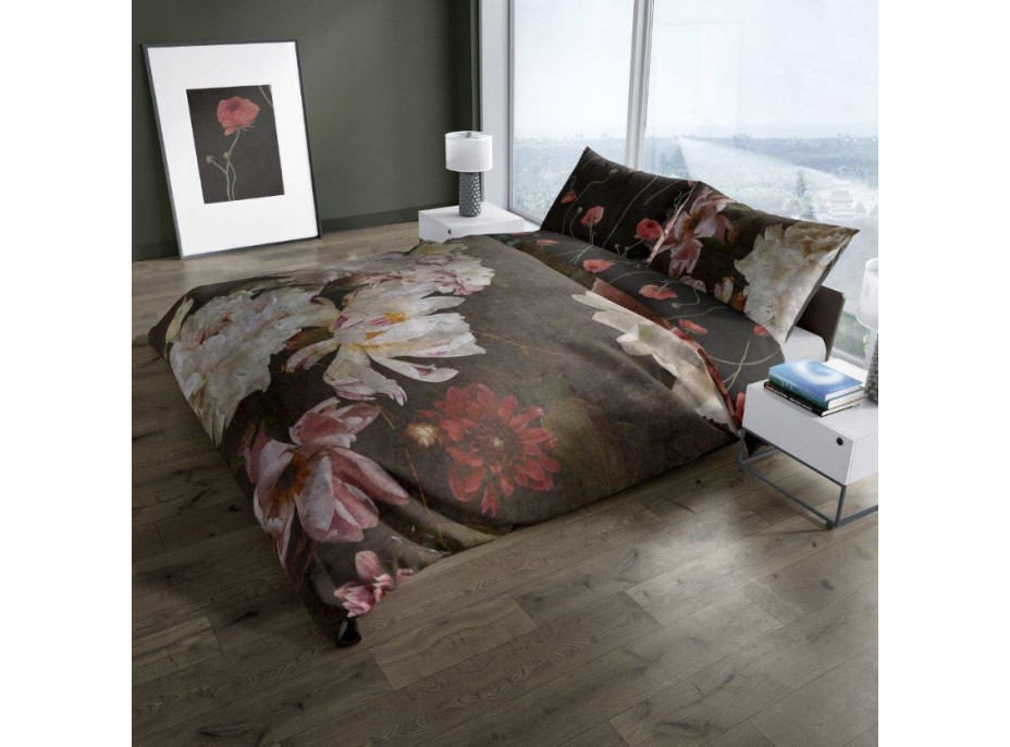 Saténové obliečky NOBILE Peonies - tmavo hnedé - 140x200 cm