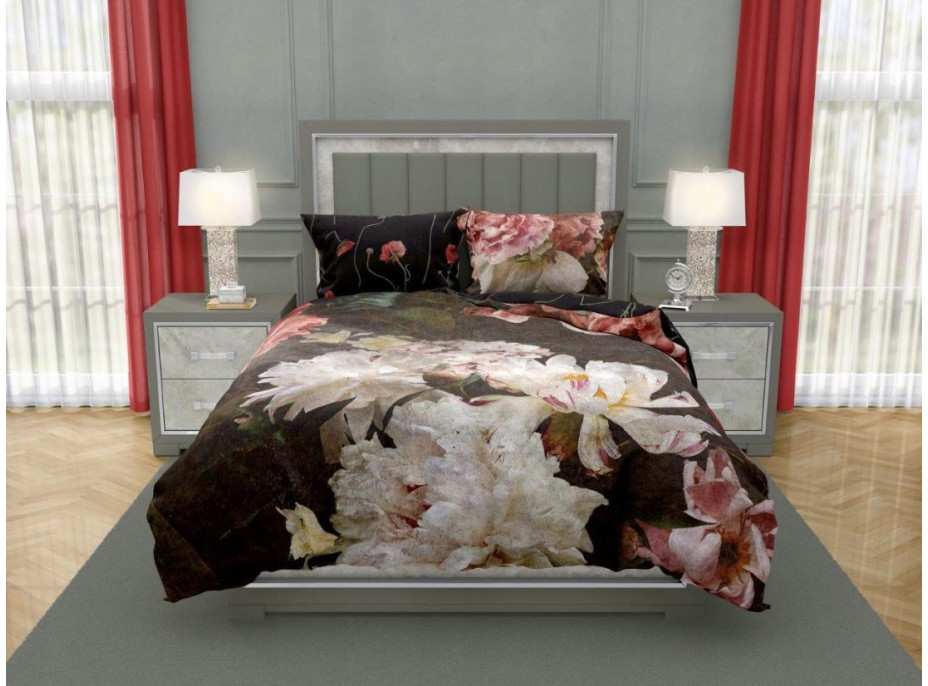 Saténové obliečky NOBILE Peonies - tmavo hnedé - 220x200 cm