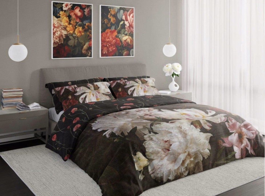 Saténové obliečky NOBILE Peonies - tmavo hnedé - 140x200 cm
