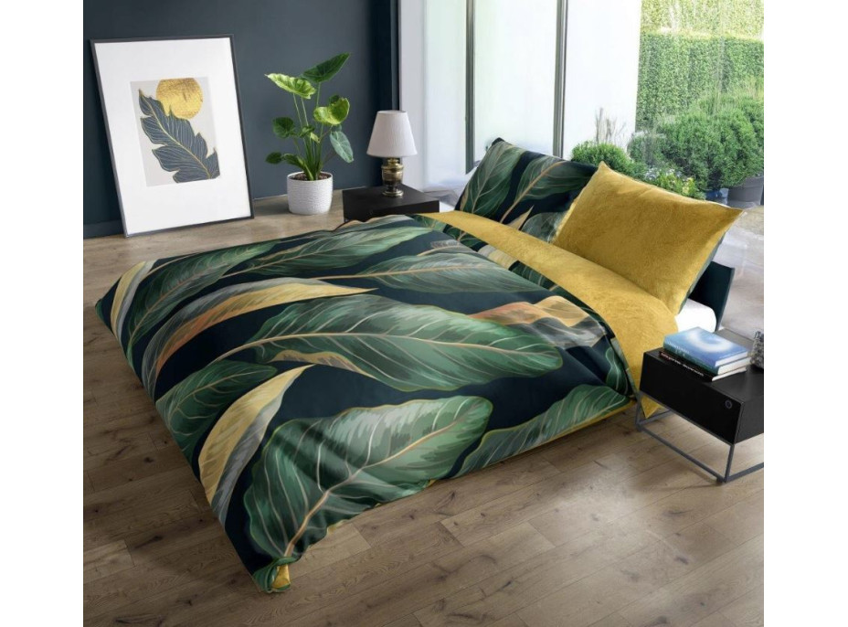 Saténové obliečky NOBILE Leaves - zelené / žlté - 140x200 cm