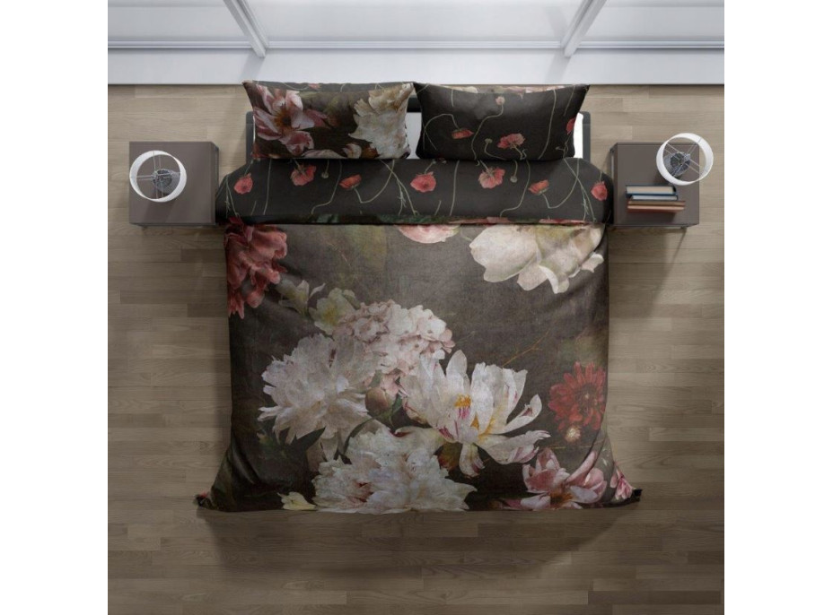 Saténové obliečky NOBILE Peonies - tmavo hnedé - 140x200 cm