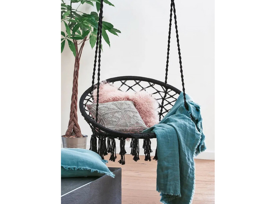 Závesné hojdacie BOHO kreslo s vankúšom - čierne / šedé