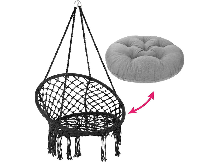 Závesné hojdacie BOHO kreslo s vankúšom - čierne / šedé