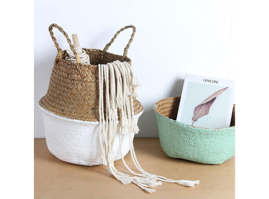 BOHO kôš z morskej trávy - 32x28 cm - prírodný/biely