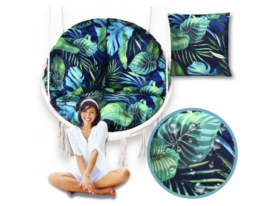 Vodeodolný sedací MAXI vankúš 100x15 cm do závesného kresla - monstera/tmavomodrý