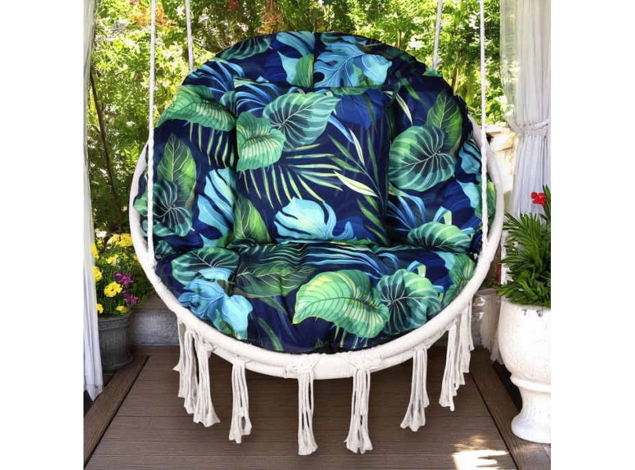Vodeodolný sedací MAXI vankúš 100x15 cm do závesného kresla - monstera/tmavomodrý