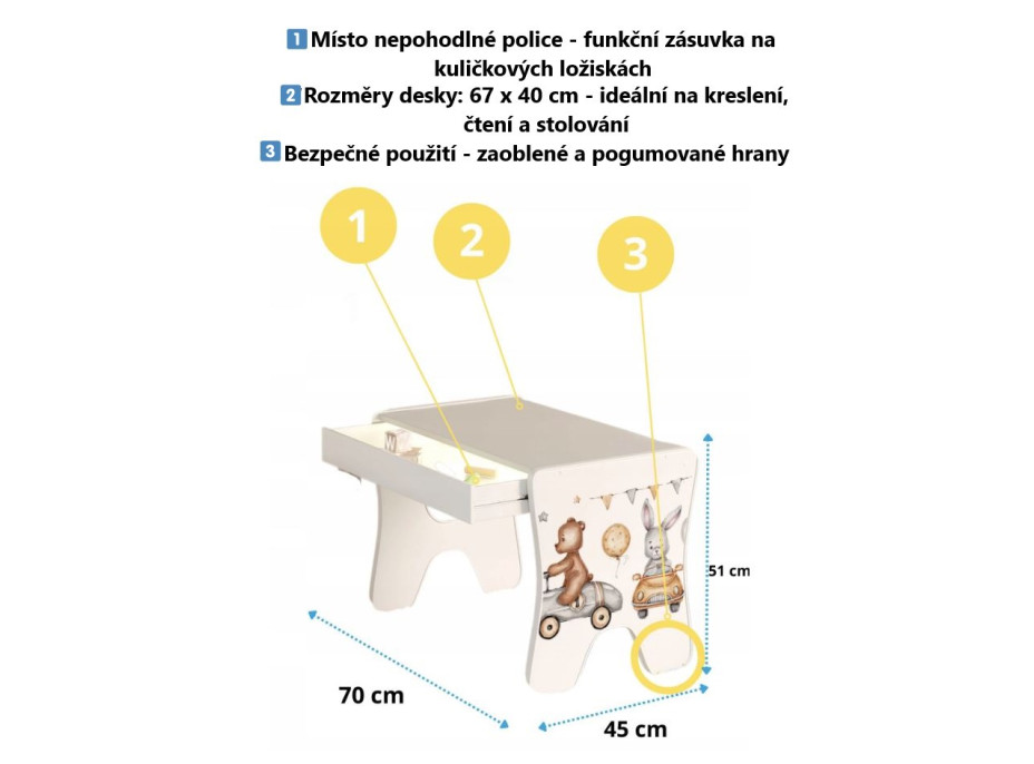 Detský stolík so šuplíkom a stoličkou - Medvedík a šedý mesiac