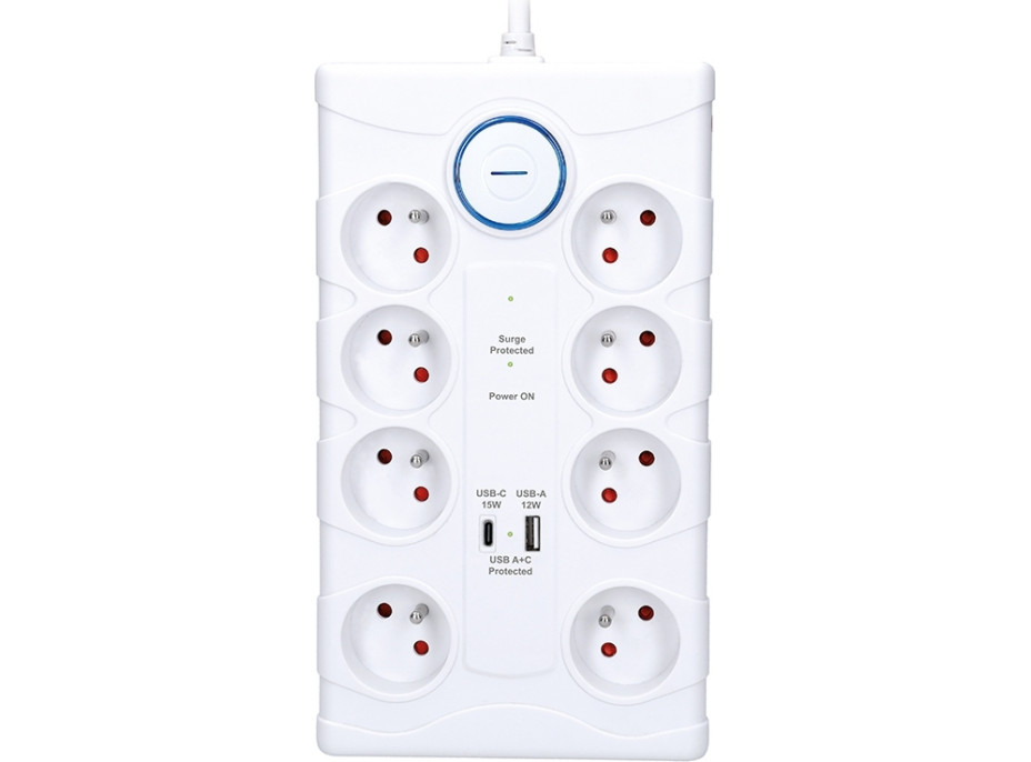 Solight prepäťová ochrana, 8z, USB A + C, 2m, biela