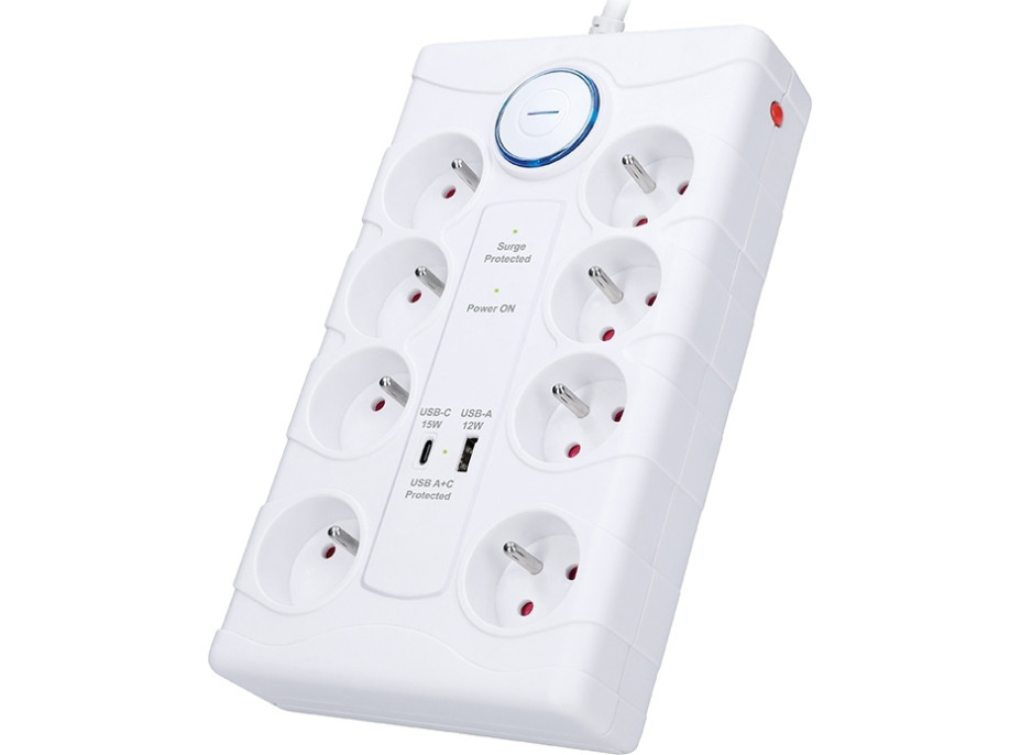 Solight prepäťová ochrana, 8z, USB A + C, 2m, biela