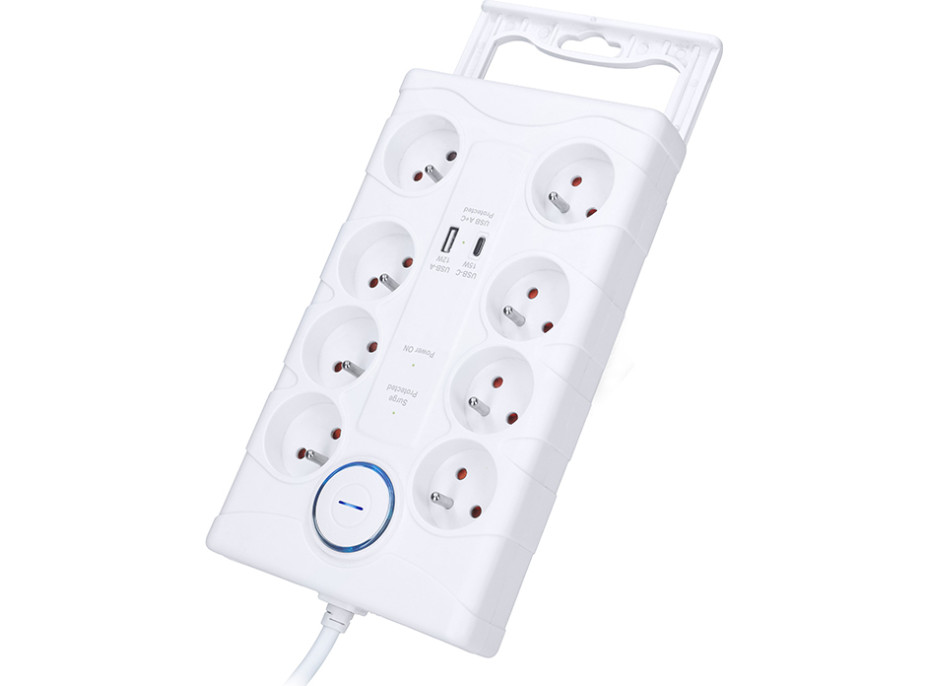 Solight prepäťová ochrana, 8z, USB A + C, 2m, biela