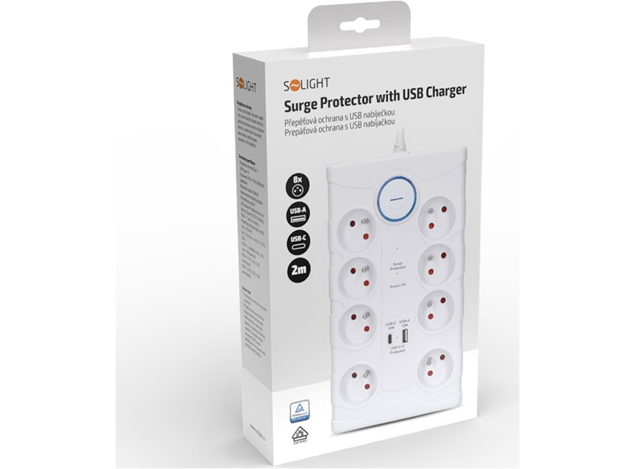 Solight prepäťová ochrana, 8z, USB A + C, 2m, biela