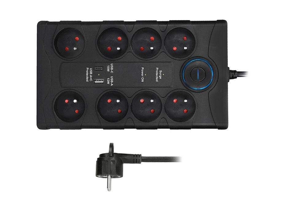 Solight prepäťová ochrana, 8z, USB A + CA, 2m, čierna
