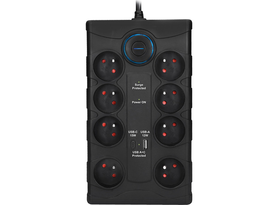 Solight prepäťová ochrana, 8z, USB A + CA, 2m, čierna