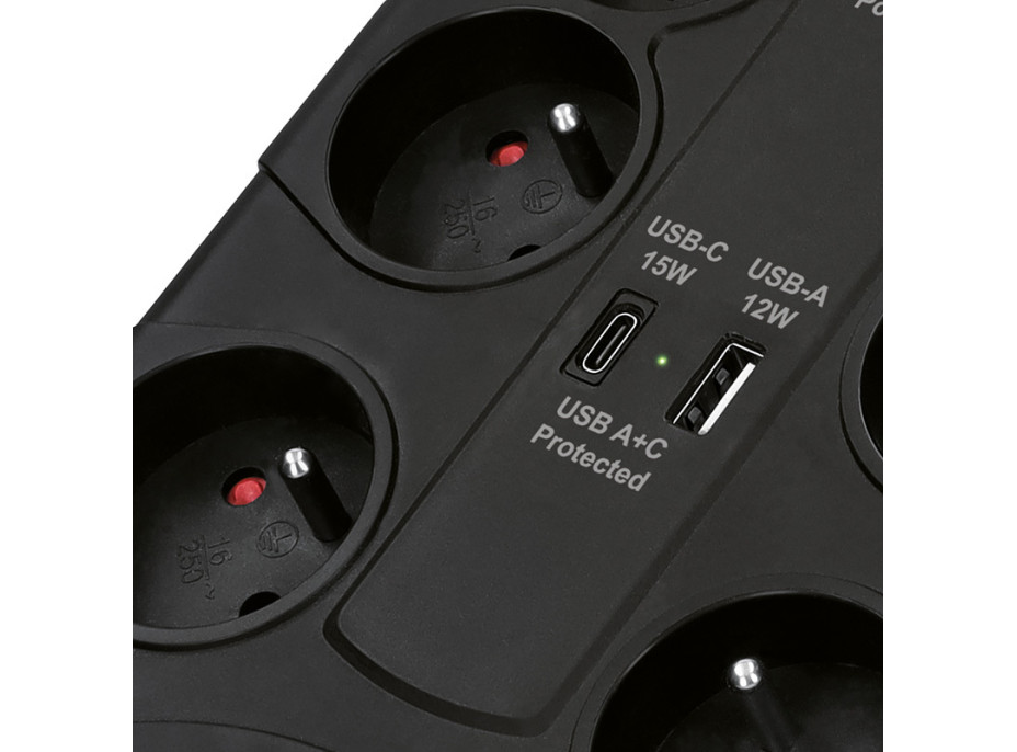 Solight prepäťová ochrana, 8z, USB A + CA, 2m, čierna