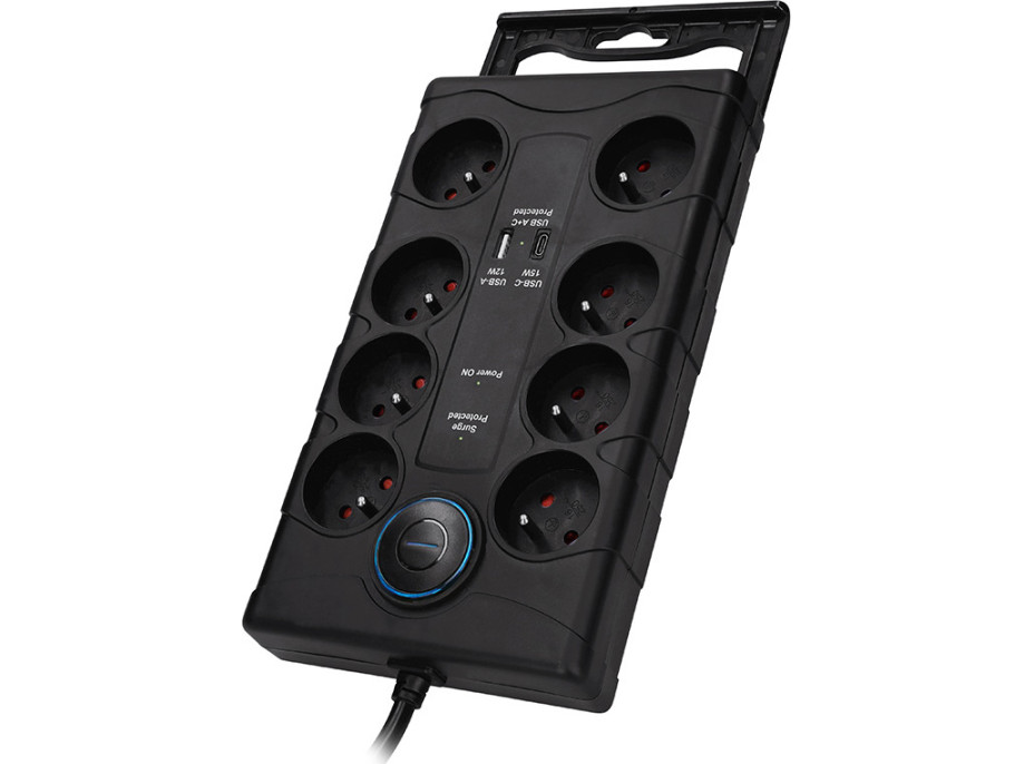 Solight prepäťová ochrana, 8z, USB A + CA, 2m, čierna