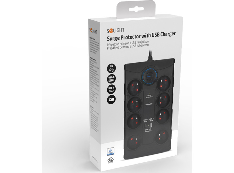 Solight prepäťová ochrana, 8z, USB A + CA, 2m, čierna