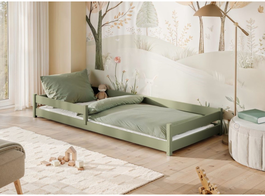 Detská Montessori posteľ z masívu borovice ALICE - 200x90 cm - OLIVOVO ZELENÁ