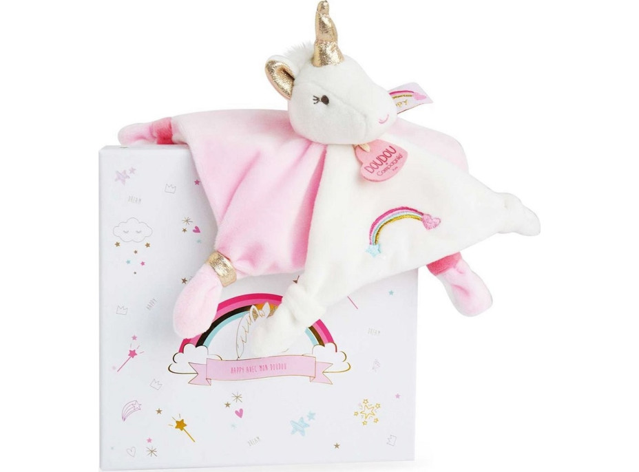 Doudou Darčeková sada - plyšový muchláčik jednorožec ružový 20 cm