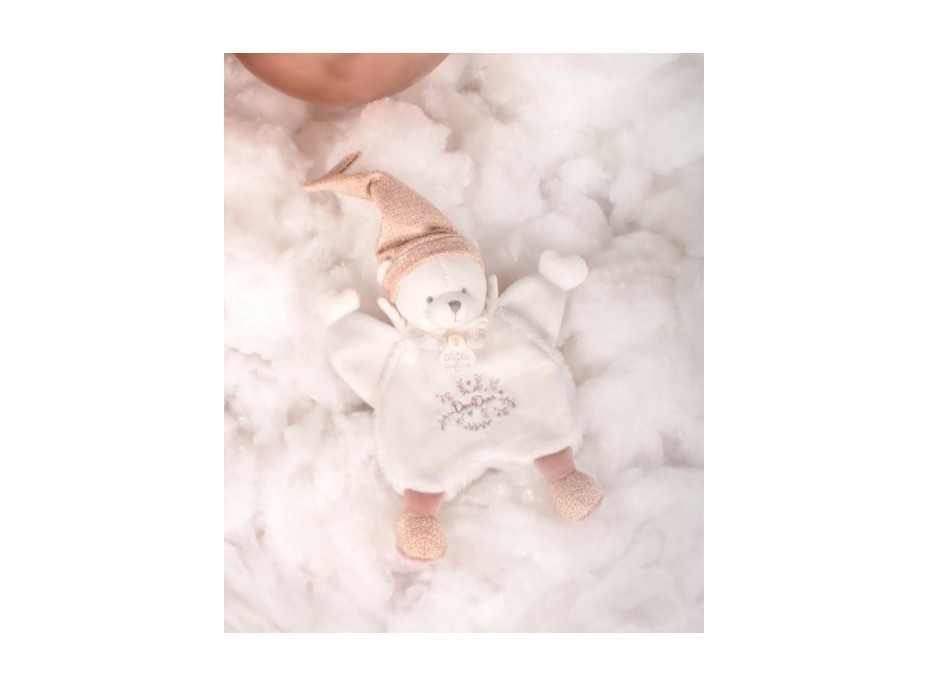 Doudou Darčeková sada Plyšový muchláčik medvedík s čiapočkou ružový 25 cm