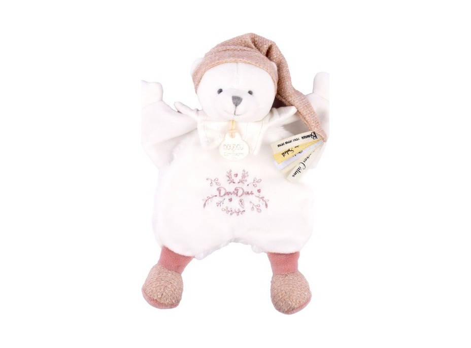 Doudou Darčeková sada Plyšový muchláčik medvedík s čiapočkou ružový 25 cm